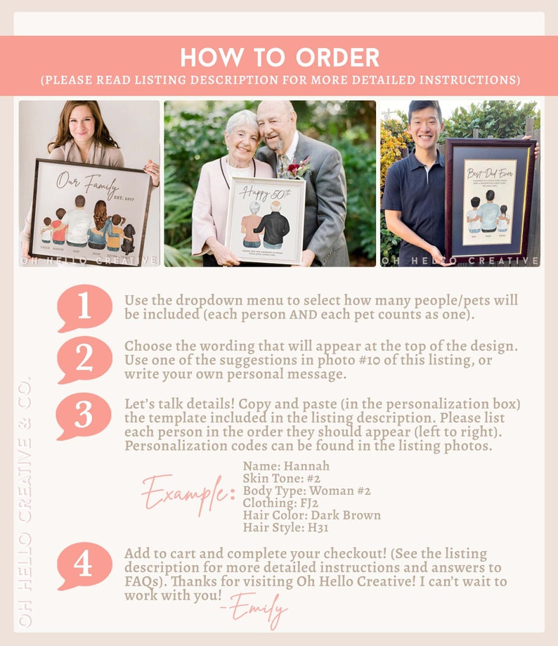 Pode incluir: Um guia ilustrado rosa e branco com quatro etapas numeradas sobre como encomendar uma ilustra&ccedil;&atilde;o personalizada. O guia inclui um pedido de amostra com uma lista de op&ccedil;&otilde;es de personaliza&ccedil;&atilde;o. O texto inclui a frase "Oh Hello Creative".