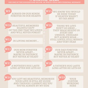 May include: A printable digital download with 19 different wording ideas for a memorial or remembrance card. The ideas are presented in a pink and white color scheme with a light brown background. The text includes phrases like "Always on our minds, forever in our hearts" and "Those we love don't go away... they walk beside us every day."