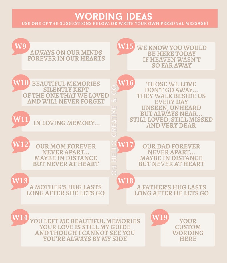 May include: A printable digital download with 19 different wording ideas for a memorial or remembrance card. The ideas are presented in a pink and white color scheme with a light brown background. The text includes phrases like "Always on our minds, forever in our hearts" and "Those we love don't go away... they walk beside us every day."