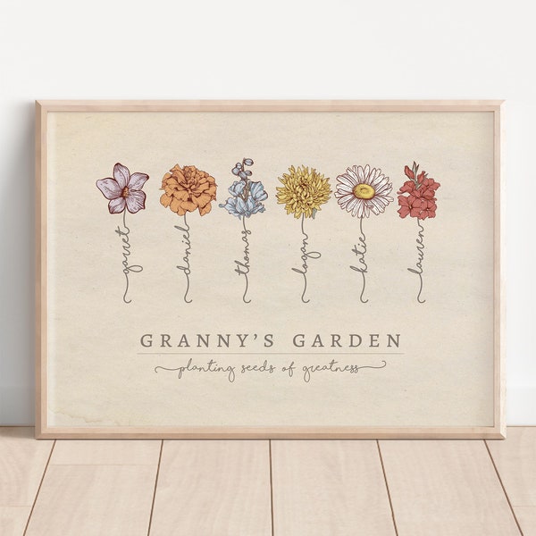 Custom Granny Gift, Personalized Print Grandkids Names & Birth Flowers, Grandmas Garden, Mom Birthday Gift, Digital Print From Grandchildren