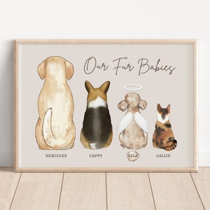 Personalized Pet Portrait, Pet Owner Gift, Custom Memorial Picture, Angel Dog Cat Heaven, 2 3 4 Pets, Fur Babies Frame, Digital Art Portrait