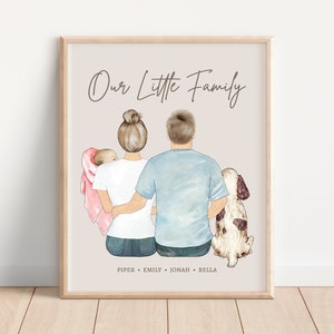 May include: A framed print with the text "Our Little Family" features a family of four and a dog. The family includes a mother, father, baby, and a dog. The names Piper, Emily, Jonah, and Bella are listed at the bottom of the print.