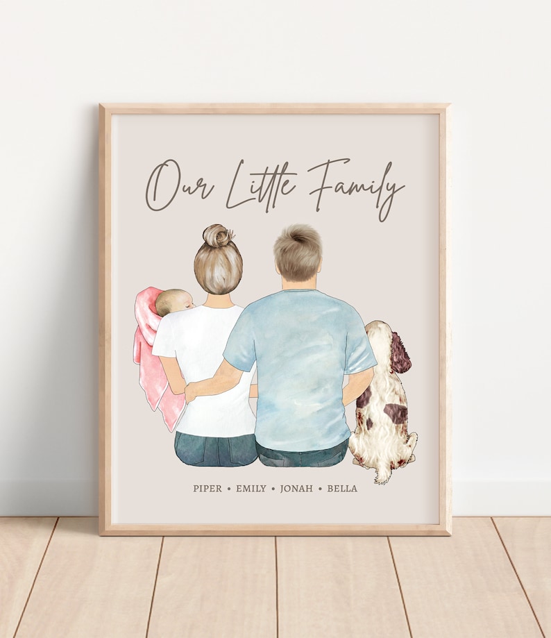 May include: A framed print with the text "Our Little Family" features a family of four and a dog. The family includes a mother, father, baby, and a dog. The names Piper, Emily, Jonah, and Bella are listed at the bottom of the print.