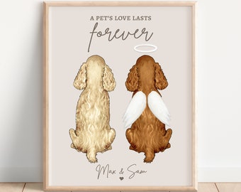 PET MEMORIAL PRINT, Custom Cocker Spaniel Portrait, Personalized Dog Memorial, Pet Loss Gift for Cocker Spaniel Owner, 2 Dogs, Pet in Heaven