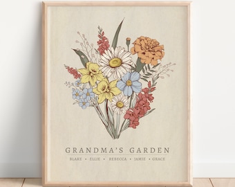 CUSTOM GIFT for GRANDMA, Personalized Birth Flower Bouquet Wall Art, Nanas Garden Keepsake, Mom Gift, Antique Flower Print, Digital Download