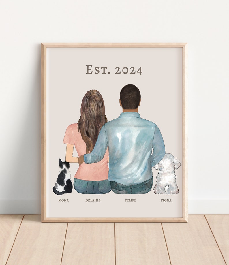 Interracial Couple Portrait, Personalized Boyfriend Gift from Girlfriend, Custom Fiance Print, Interracial Love Art, Biracial Keepsake Frame image 1