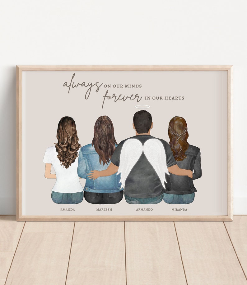 May include: A digital illustration of four people sitting together, with the person in the middle wearing angel wings. The text "always on our minds forever in our hearts" is at the top of the image. The names Amanda, Marleen, Armando, and Miranda are written below the people.
