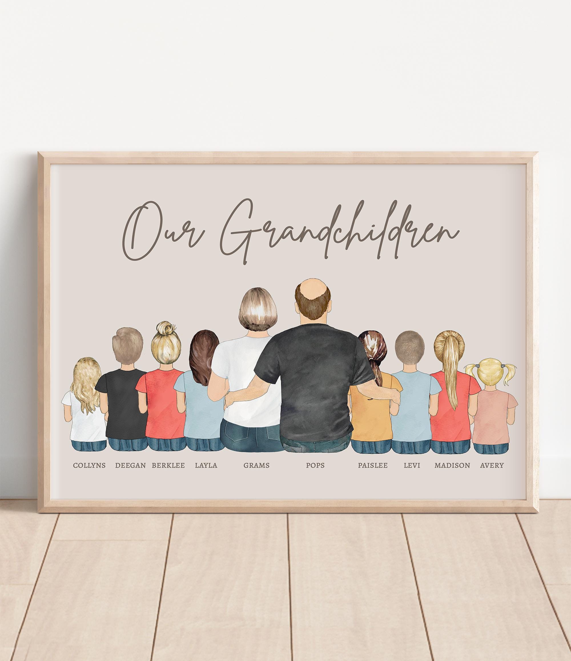 Grandparent & Grandchildren Portrait, Personalized Print, Gift