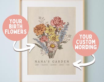 Personalized Nana Gift, Birth Month Flower Bouquet Print, Grandma's Garden, Mothers Day, Custom Birthday Gift from Grandchildren Grandkids