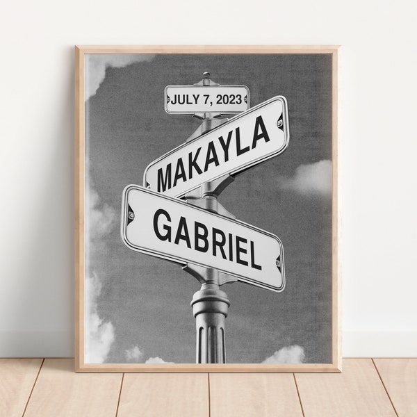 Unique Engagement Gift, Personalized Street Sign Print, Custom Engaged Couple Wall Art, Wedding Date Sign, Couples Name Print, Newlywed Gift