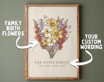 KUNDENSPEZIFISCHES FAMILIENGESCHENK, Mutter Geburtstagsgeschenk, personalisiertes Muttertagsgeschenk von Kindertochter, Geburtsmonat Blumenstraußkunst, Vorname und Nachname Kunst