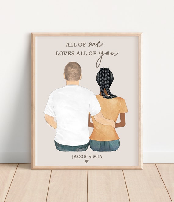 Personalized Portrait for Interracial Couple, Custom Digital Print, Boyfriend Gift from Girlfriend, Picture Frame Painting, Biracial Love