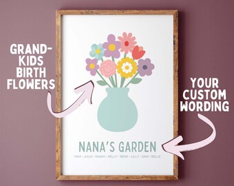 Mother's Day Gift, Nana's Garden Print, Grandma Birthday Gift, Custom Birth Flower Bouquet Wall Art, Personalized Gift Idea, from Grandkids