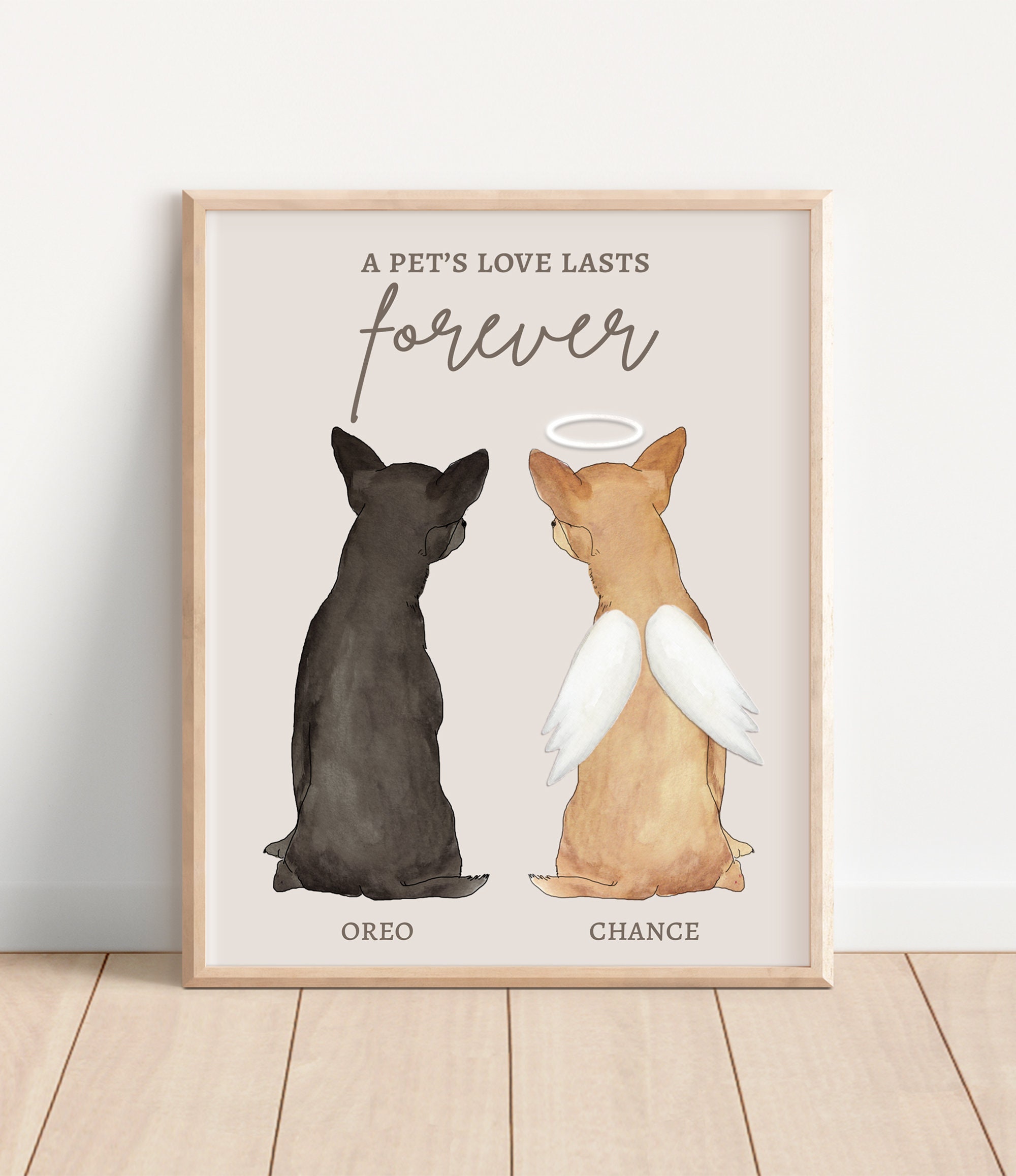 CHiHUAHUA ANGEL PRINT, Personalized Dog Memorial Portrait, Custom Chihuahua Owner Gift, Best Pet Loss Gift, Black Tan Chihuahua Heaven Frame