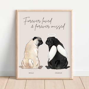 PUG MEMORIAL PRINT, Personalized Pet Portrait, Memorial for Pug Owner, Dog Loss, Angel Pug in Heaven Gift, Pet Loss Gift, Black Pug, Dog Art