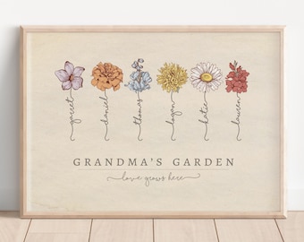 May include: A framed print with a vintage aesthetic featuring a floral design with six different flowers. Each flower is labelled with a name, including "Garrett", "Daniel", "Thomas", "Logan", "Katie", and "Lauren". The text "Grandma's Garden" and "Love grows here" is also included in the print.