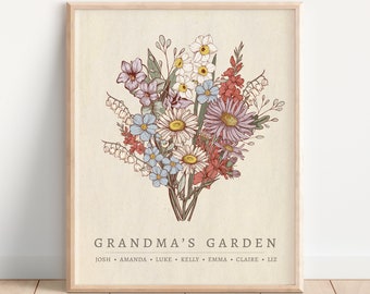 Customized Gift for Grandma, Personalized Birth Month Flower Bouquet Print, Mom Birthday Gift, Nanas Garden from Grandchildren Kids Daughter