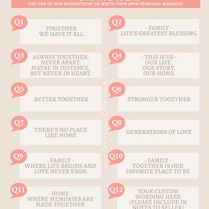 Pode incluir: Um gr&aacute;fico imprim&iacute;vel rosa e bege com ideias de frases para uma colagem de fotos de fam&iacute;lia. O gr&aacute;fico tem 12 caixas numeradas com diferentes frases sobre fam&iacute;lia, lar e amor. O gr&aacute;fico &eacute; intitulado "Ideias de frases" e inclui o texto "Use uma de nossas sugest&otilde;es ou escreva sua pr&oacute;pria mensagem pessoal!"