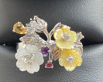 Stunning sterling silver floral multi gemstone ring - UK size O - US size 7