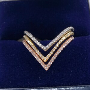 Beautiful sterling silver trio gold overlay cz wishbone ring set - UK Size M
