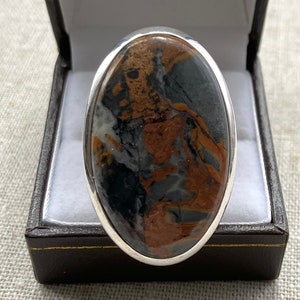 Stunning sterling silver rare Brecciated Jasper gemstone large statement ring - UK Size X - US Size 11.5