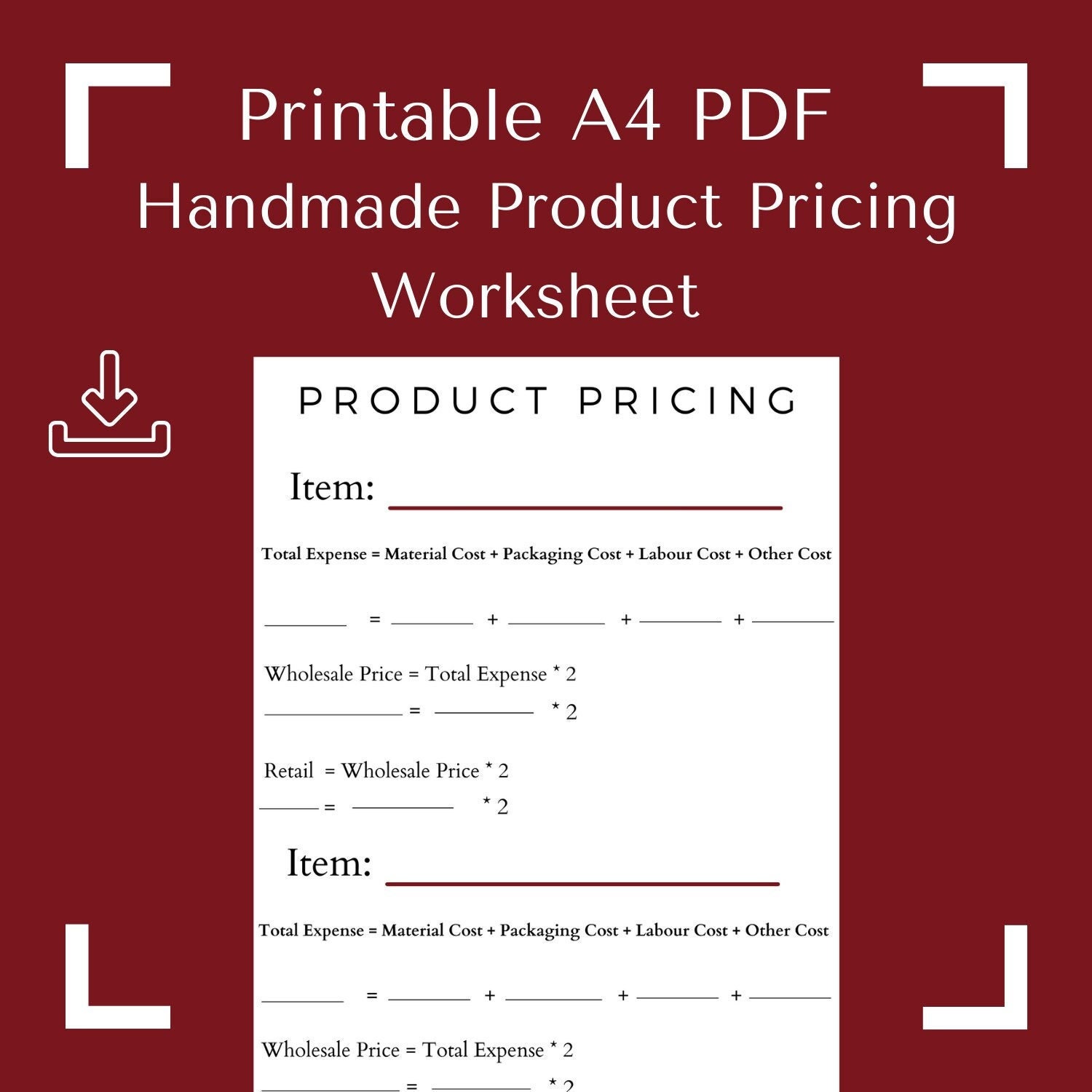 Product Pricing Worksheet Printable Pricing Guide Pricing Etsy