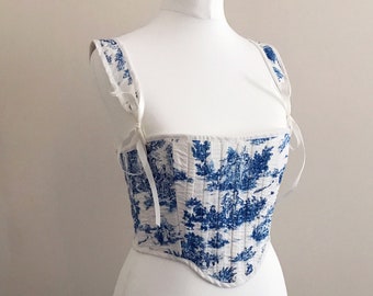 READY TO SHIP 18th Century Corset Stays Cottagecore Floral Toile de Jouy Renaissance Bodice Fairytale Fantasy Rococo