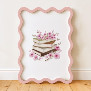 Väggkonsttryck med körsbärsblommor, rosa vårblommor för heminredning, bokälskare som present till läshörna, akvarell affisch för hembibliotek