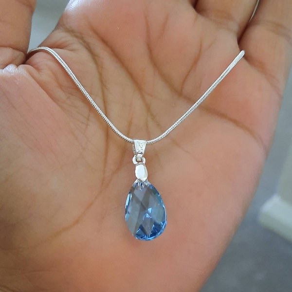 March/Aquamarine Pear Shape Drop Swarovski Crystal Birthstone Pendant Necklace Set Gift For Girls, Women