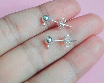 925 Sterling Silver Plated Round Ball with Ring Stud Earrings Jewellery Findings