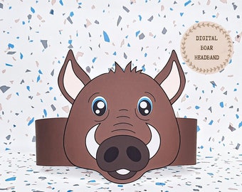 Corona de papel de jabalí, Gorro de papel de animal para niños, Corona de papel de descarga instantánea Animales, Diadema de fiesta digital, Antifaz de fiesta imprimible, Gorro PDF