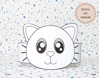 Corona para colorear de papel de gato, sombrero de papel de animal para niños, corona de papel de descarga instantánea Animales, diadema de fiesta digital, máscara de fiesta imprimible