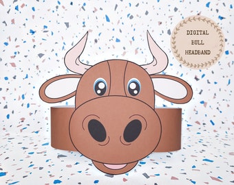 Corona de papel de toro, Gorro de papel de animales para niños, Corona de papel de descarga instantánea Animales, Diadema de fiesta digital, Antifaz de fiesta imprimible, Gorro PDF