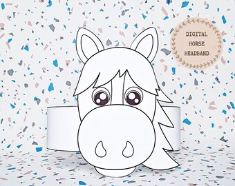 Corona para colorear de papel de caballo, sombrero de papel de animales para niños, corona de papel de descarga instantánea Animales, diadema de fiesta digital, máscara de fiesta imprimible