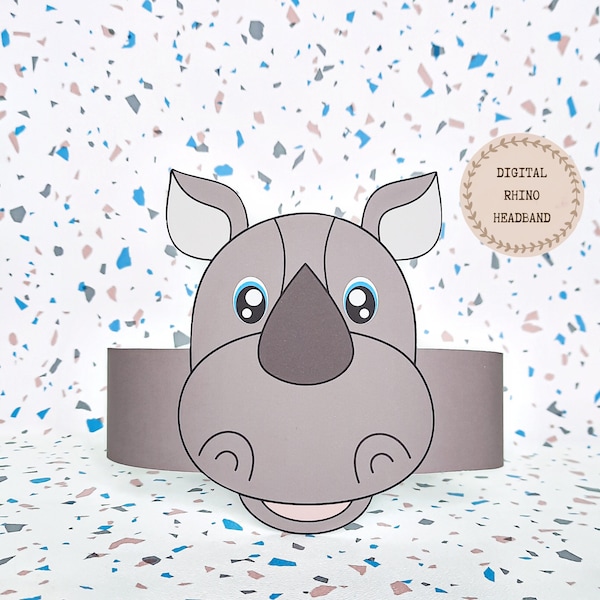 Couronne en papier rhinocéros, chapeau en papier animal pour les enfants, couronne en papier à téléchargement instantané Animaux, bandeau de fête numérique, masque de fête imprimable, chapeau PDF