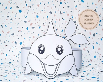 Corona para colorear de papel de delfines, Gorro de papel de animales para niños, Corona de papel de descarga instantánea Animales, Diadema de fiesta digital, Antifaz de fiesta imprimible