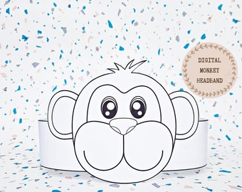 Monkey paper coloring crown, Animal paper hat for kids, instant download paper crown Animals, Digital party headband, printable party mask