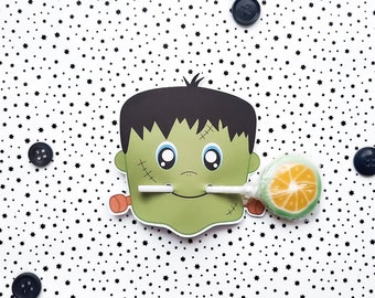 Frankenstein Lollipop, soporte de paleta de descarga instantánea, soporte de lechón de fiesta digital, paleta de fiesta imprimible, favor de paleta de Halloween, archivo PDF