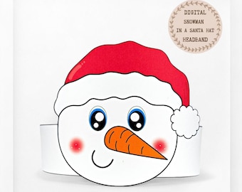 Snowman in a Santa hat paper crown,Christmas paper hat for kids,instant download  winter crown,Digital party headband,printable party mask