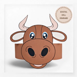 Corona di carta toro, cappello di carta animale per bambini, corona di carta download istantaneo Animali, fascia per feste digitale, maschera da festa stampabile, cappello PDF