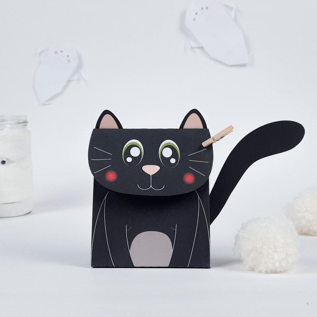 Black Cat Gift Box Printable, Favor Box Halloween, Template to Assemble