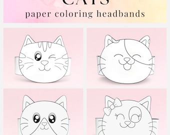 4 Cats paper coloring crowns,Cats paper hats for kids,instant download paper crowns Animals,Digital party headbands,printable party masks