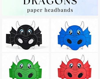 4 Dragons paper crowns, Dragons paper hats for kids, instant download paper crowns Animals, Digital party headbands, printable party masks