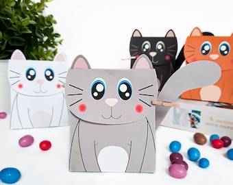 4 Cats gift boxes printable, Favor box, template to assemble box, DIY Treat Bag, PDF Templates, instant download candy box