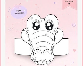 Crocodile paper coloring crown, Animal paper hat for kids, instant download paper crown Animals, Digital party headband, printable mask
