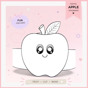 Könnte beinhalten: Eine digitale Apfel-Stirnband-Bastelvorlage mit einer schwarz-weißen Strichzeichnung eines Apfels mit lächelndem Gesicht, großen Augen und einem Blatt. Das Design enthält den Text DIGITAL APPLE HEADBAND, FUN FOR KIDS! und PRINT • CUT • WEAR auf rosa Grund.
