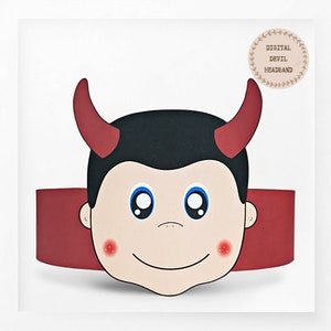 May include: A printable digital craft template for a red and black devil head band. The template features a cartoon devil with red horns, black hair, blue eyes, and a smiling face.