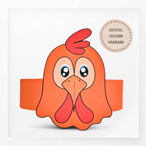 Corona di carta di pollo, cappello di carta di animali per bambini, corona di carta scaricabile all'istante gallina, fascia per feste digitale, maschera per feste stampabile, cappello PDF