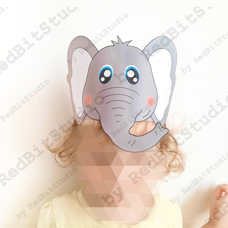 Elefant Papier Krone, Tier Papier Hut für Kinder, sofortiger Download Papier Krone Tiere, Digital Party Stirnband, druckbare Party Maske, PDF Hut Bild 3