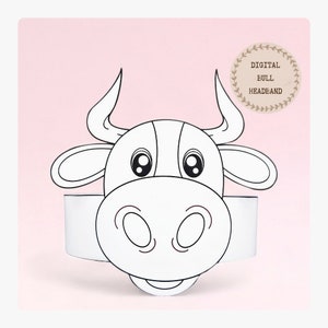 Corona da colorare di carta toro, cappello di carta animale per bambini, download istantaneo corona di carta Animali, fascia per feste digitale, maschera da festa stampabile, cappello PDF
